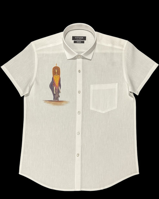Men’s White Half Sleeve Linen Shirt with Elephant Print – Onam Special Edition