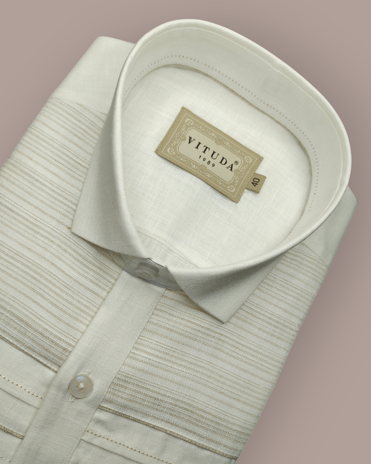 Men’s Full Sleeves Ivory Textured Shirt - Minimal Woven Stripe Detailing