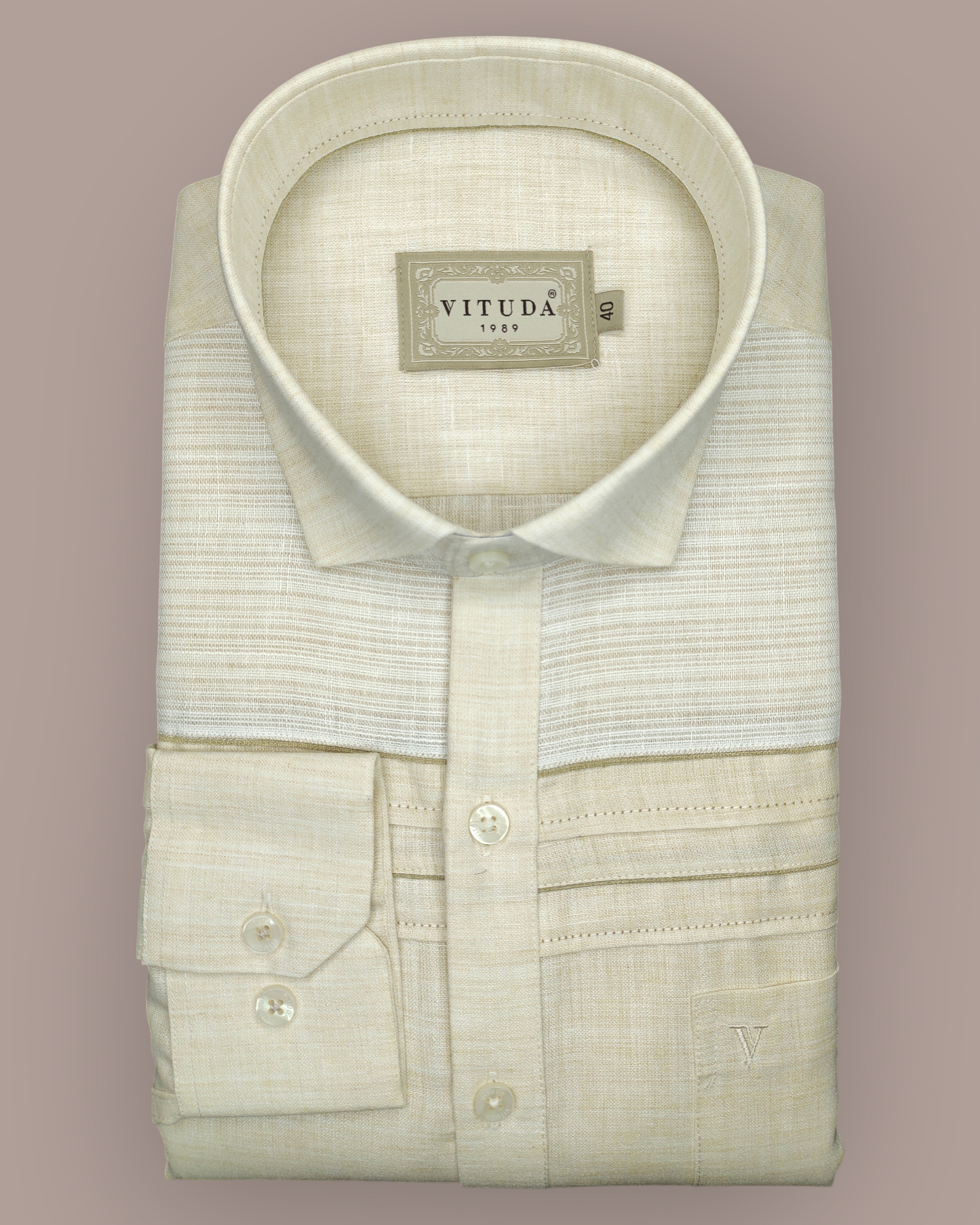 Men’s Full Sleeves Sand Beige Textured Shirt - Minimal Stripe Panel Design
