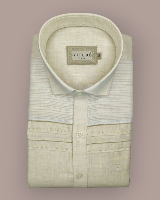 Men’s Full Sleeves Sand Beige Textured Shirt - Minimal Stripe Panel Design