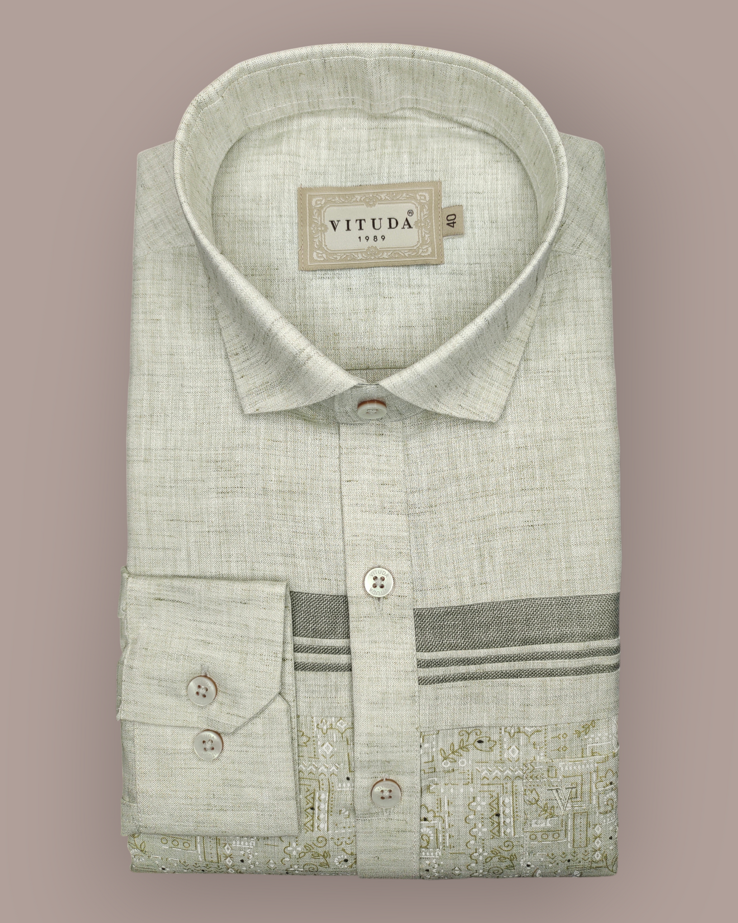 Men’s Full Sleeves Sage Green Designer Shirt - Textured Fabric with Patterned Panel Detailing