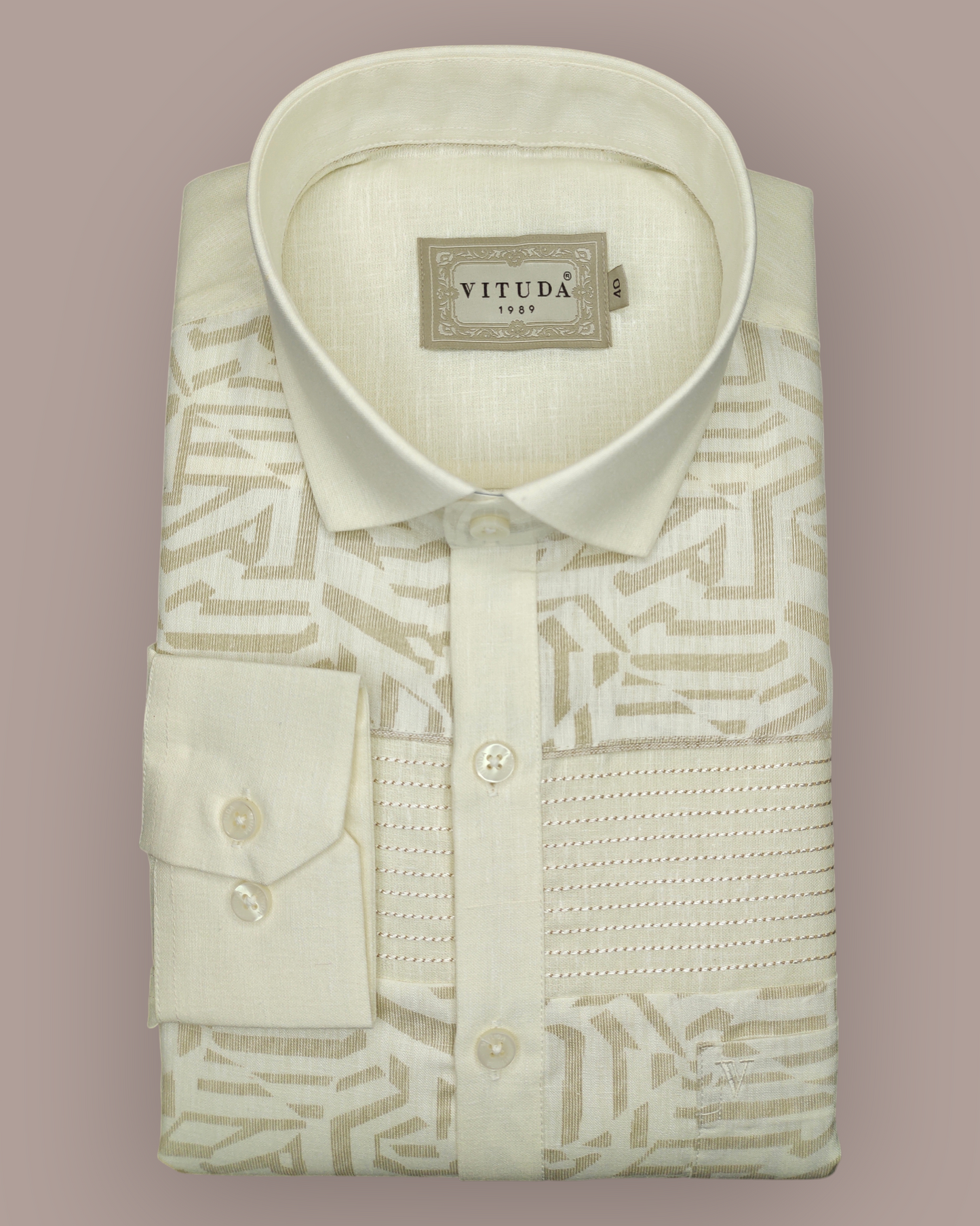 Men’s Full Sleeves Ivory Patterned Shirt - Elegant Geometric Weave with Woven Stripe Panel