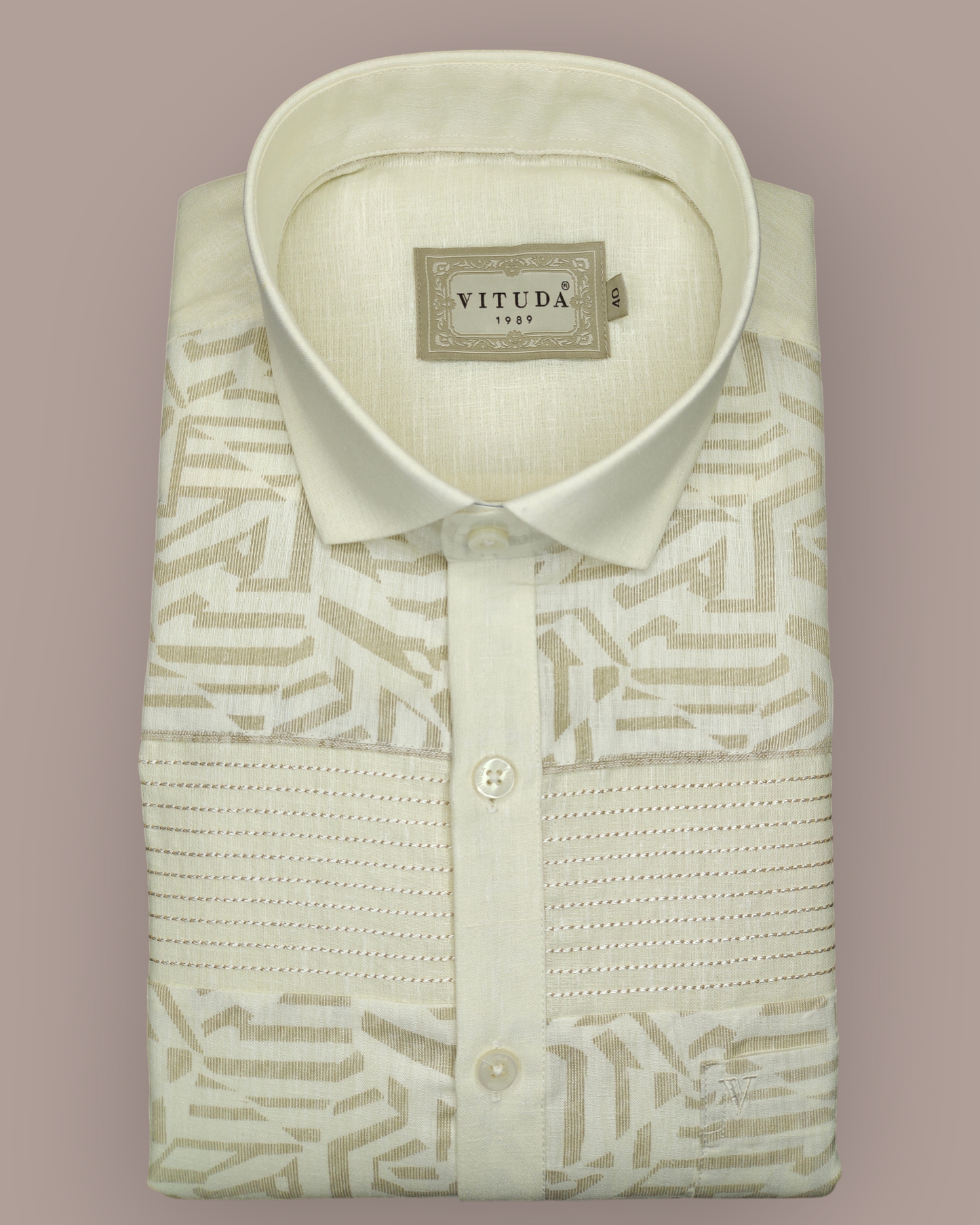 Men’s Full Sleeves Ivory Patterned Shirt - Elegant Geometric Weave with Woven Stripe Panel