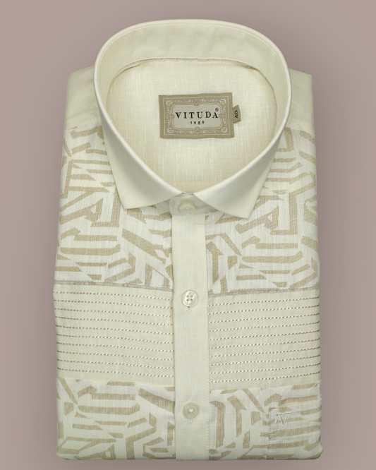 Men’s Full Sleeves Ivory Patterned Shirt - Elegant Geometric Weave with Woven Stripe Panel