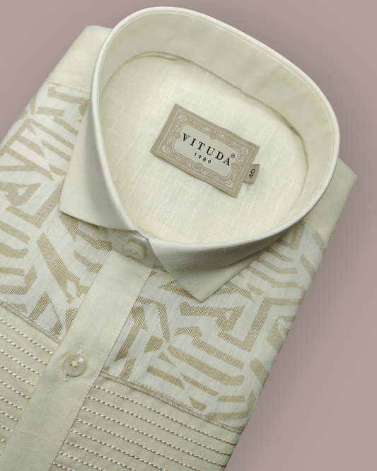 Men’s Full Sleeves Ivory Patterned Shirt - Elegant Geometric Weave with Woven Stripe Panel