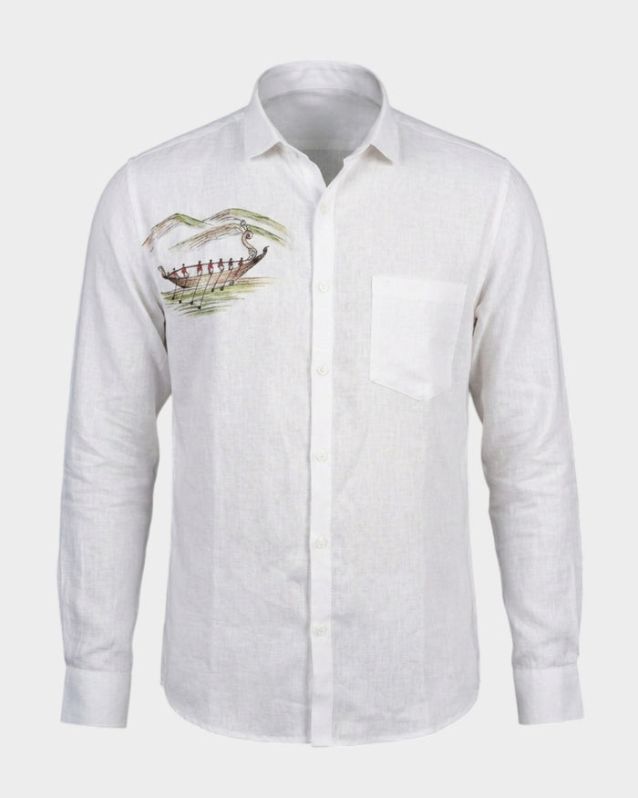 Men’s White Full Sleeve Linen Shirt with Vallamkali Boat Hand-Paint – Onam Special Edition