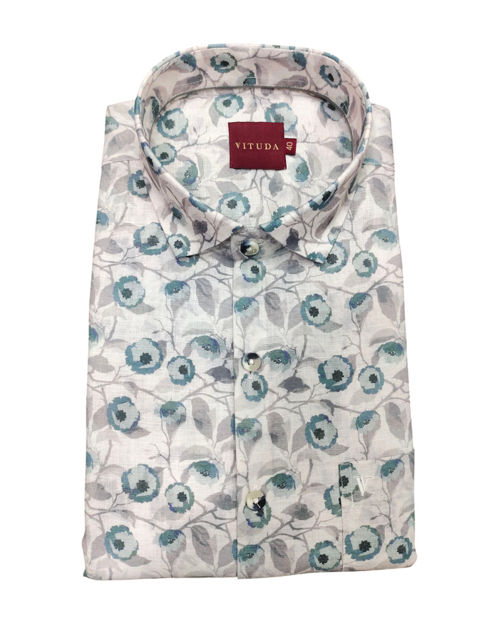 Men's White & Teal Floral Printed  Half Sleeves Cotton Shirt