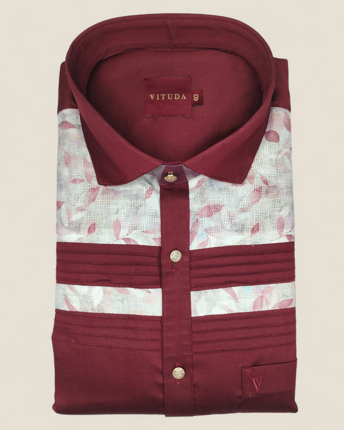 Men's Maroon Full Sleeves Shirt with Elegant Floral Jacquard Detailing