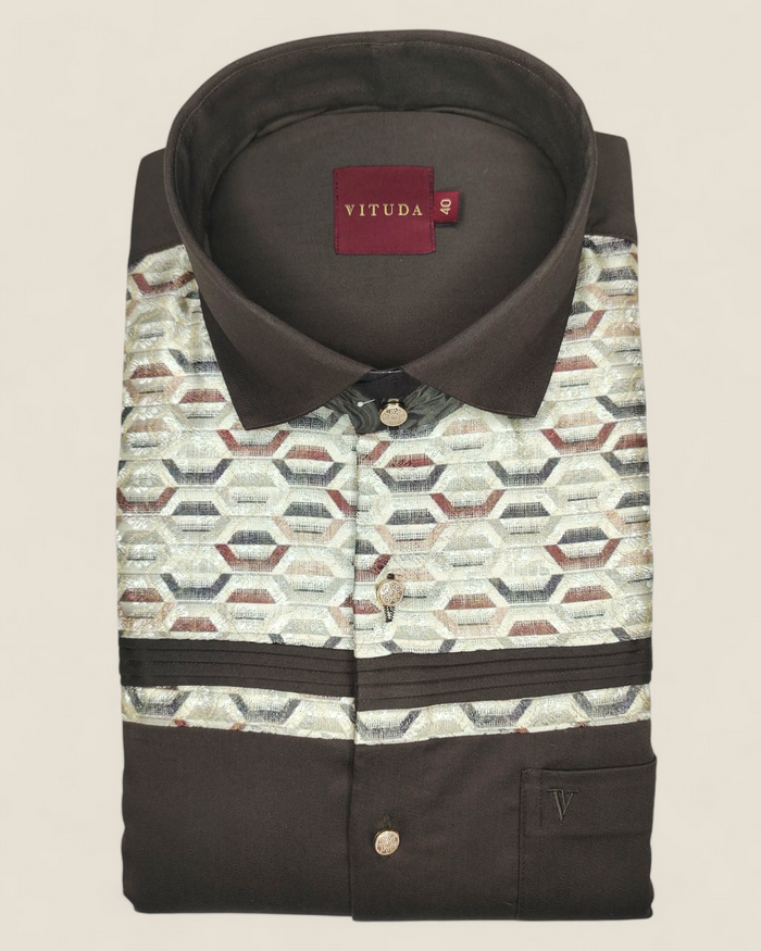 Men's Full Sleeves Party Wear Shirt – Geometric Embroidered Elegance (Dark Brown)
