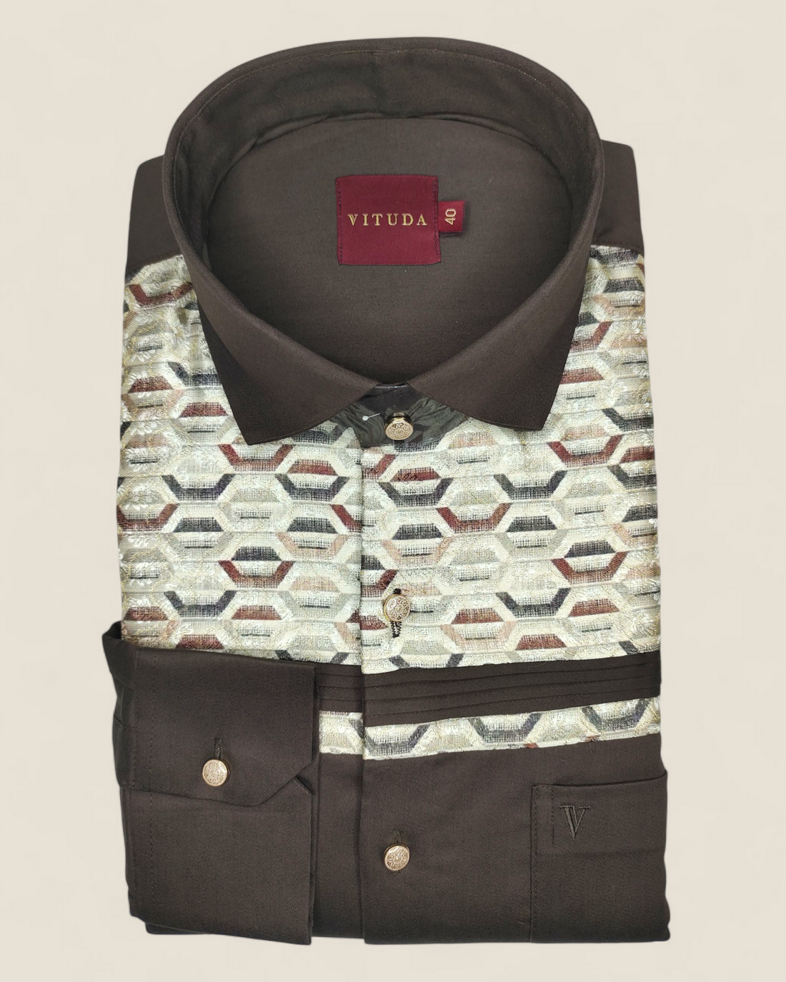 Men's Full Sleeves Party Wear Shirt – Geometric Embroidered Elegance (Dark Brown)