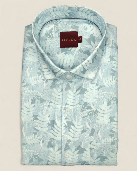Men’s Sky Blue Linen Full Sleeve Shirt – Botanical Leaf Print