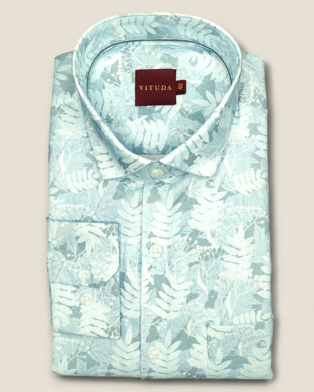 Men’s Sky Blue Linen Full Sleeve Shirt – Botanical Leaf Print