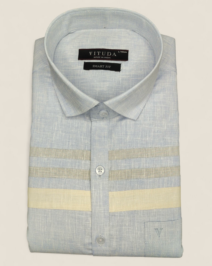 Men’s Full Sleeves Party Wear Shirt – Sky Blue with Beige Textured Stripes