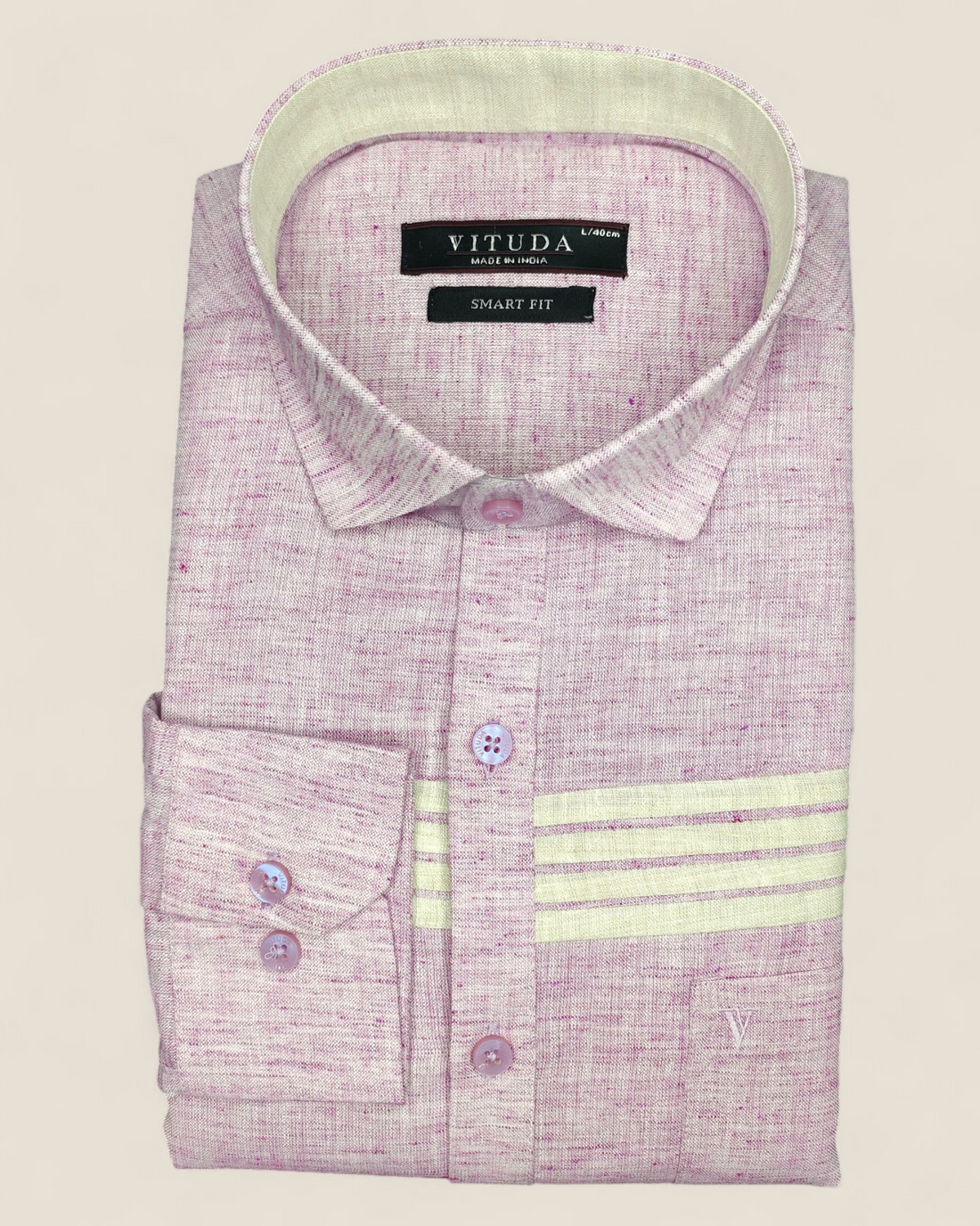 Men’s Full Sleeves Textured Cotton Linen Shirt – Rose Pink with Cream Stripes