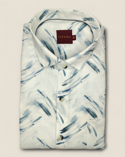Men’s White Printed Linen Full Sleeve Shirt – Brushstroke Design