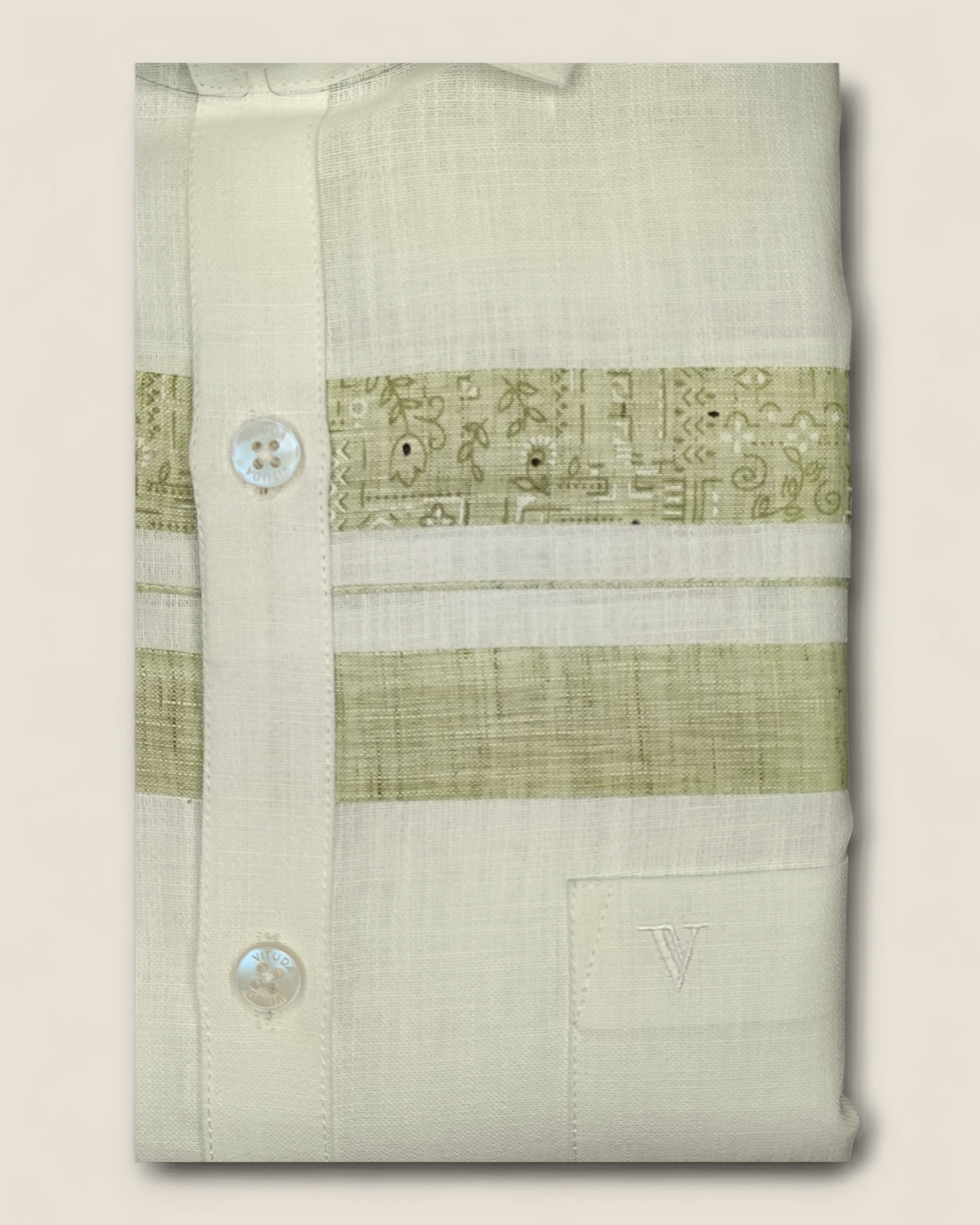 Men's Full Sleeves White Shirt with Olive Green Pattern