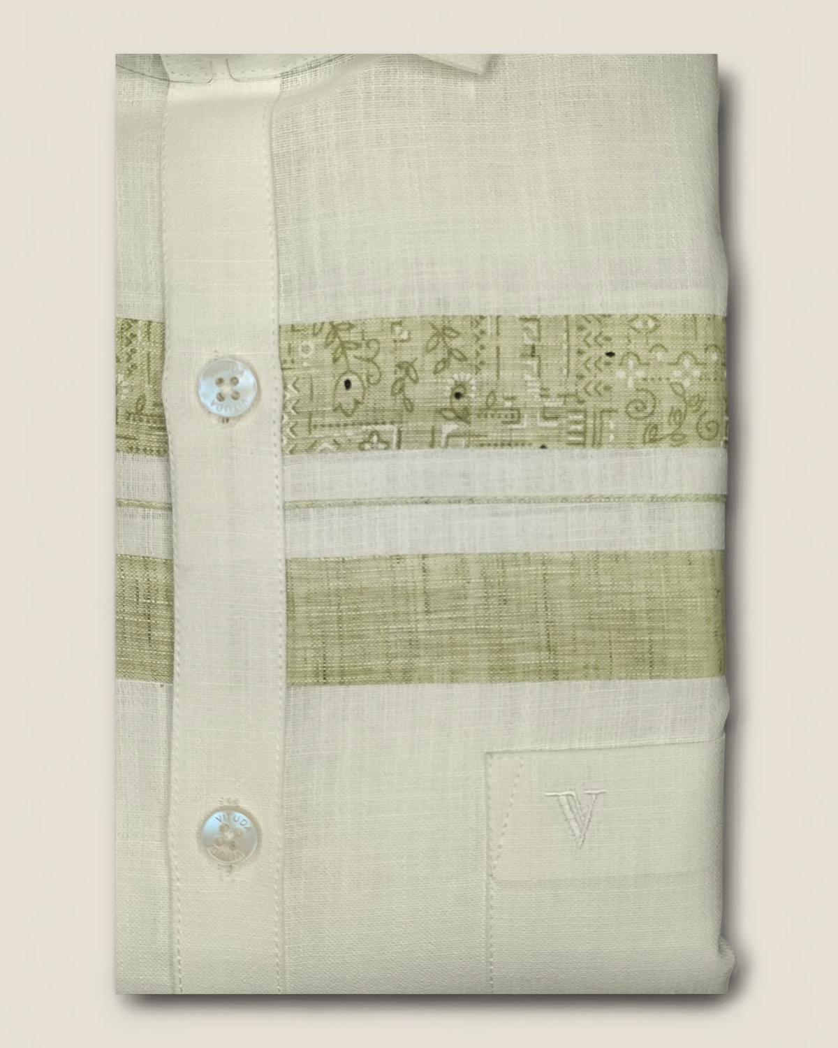 Men's Full Sleeves White Shirt with Olive Green Pattern