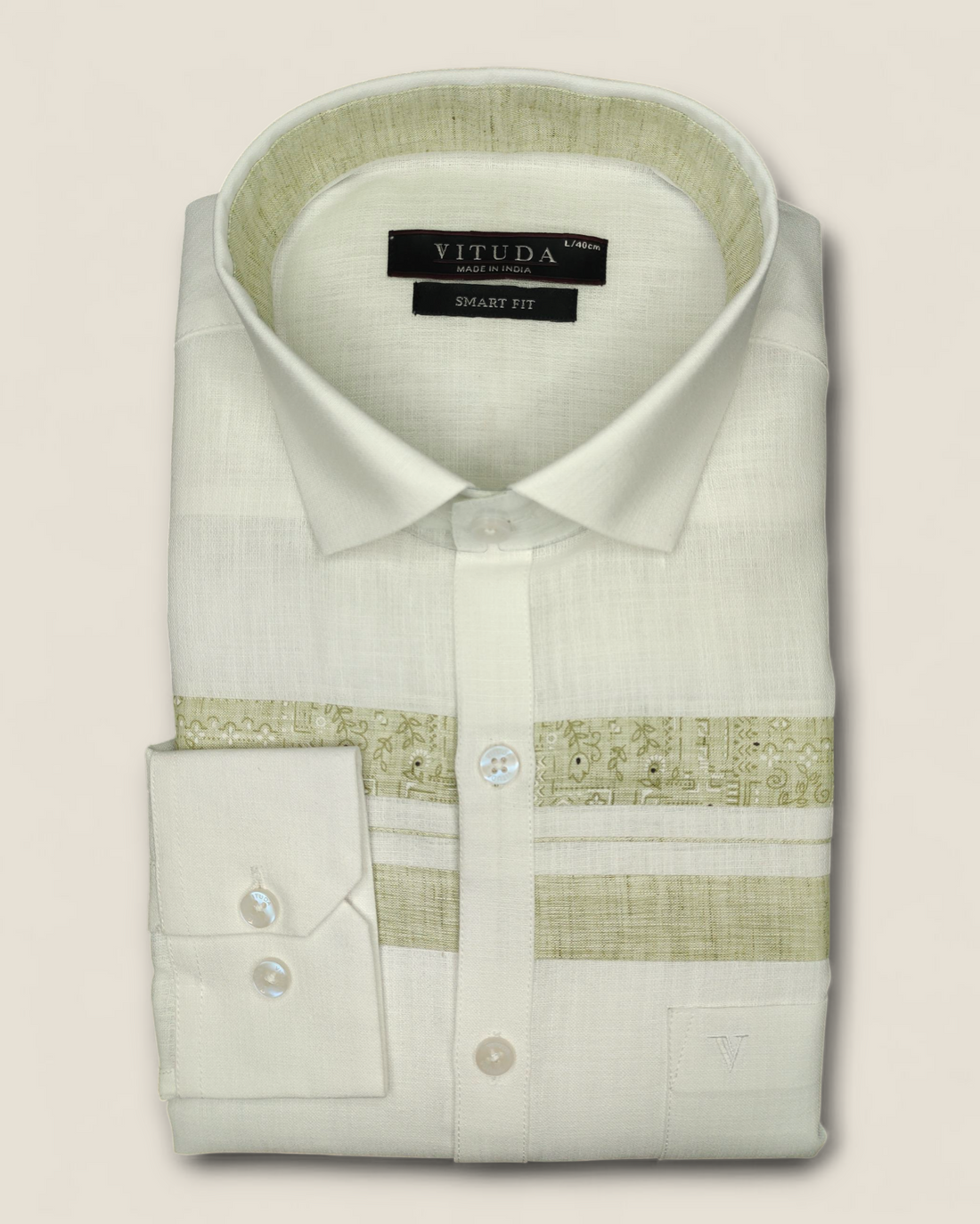 Men's Full Sleeves White Shirt with Olive Green Pattern