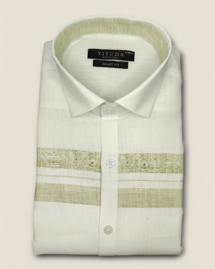 Men's Full Sleeves White Shirt with Olive Green Pattern