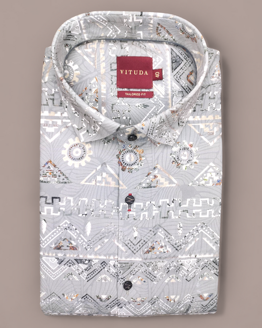 Men’s Grey Printed Half Sleeve Shirt – Geometric Pattern Design