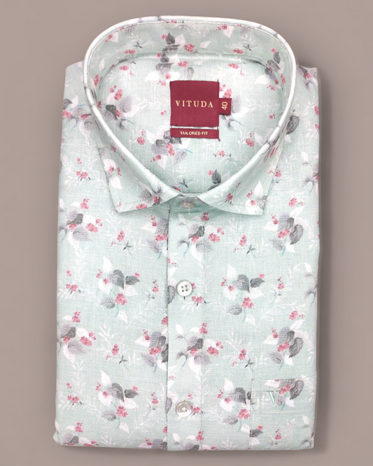 Men’s Floral Printed Half Sleeve Shirt – Mint Green with Pink Accents