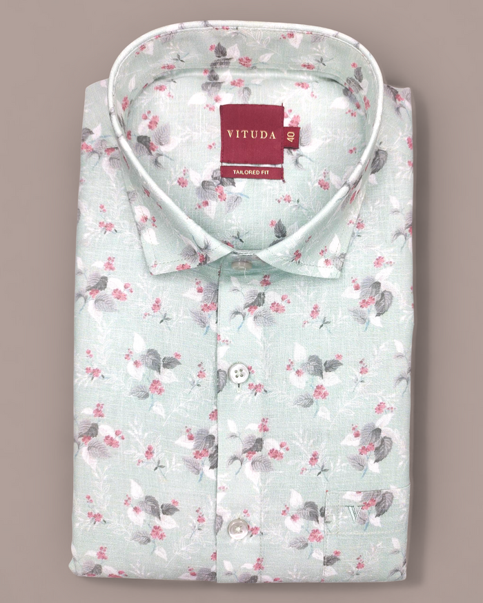 Men’s Floral Printed Half Sleeve Shirt – Mint Green with Pink Accents