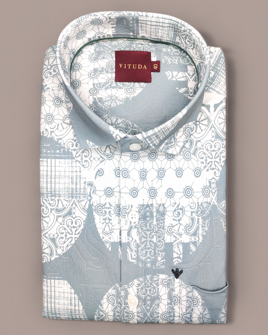 Men’s Geometric Printed Half Sleeve Shirt – Grey & White