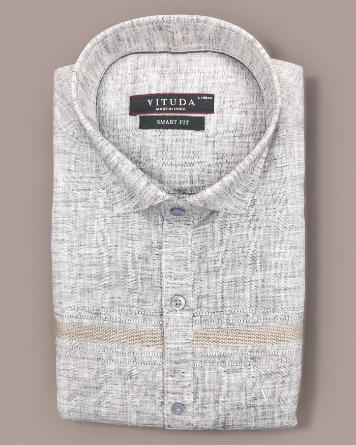 Men’s Half Sleeves Grey Textured Party Wear Shirt - Contrast Weave Panel & Fine Detailing
