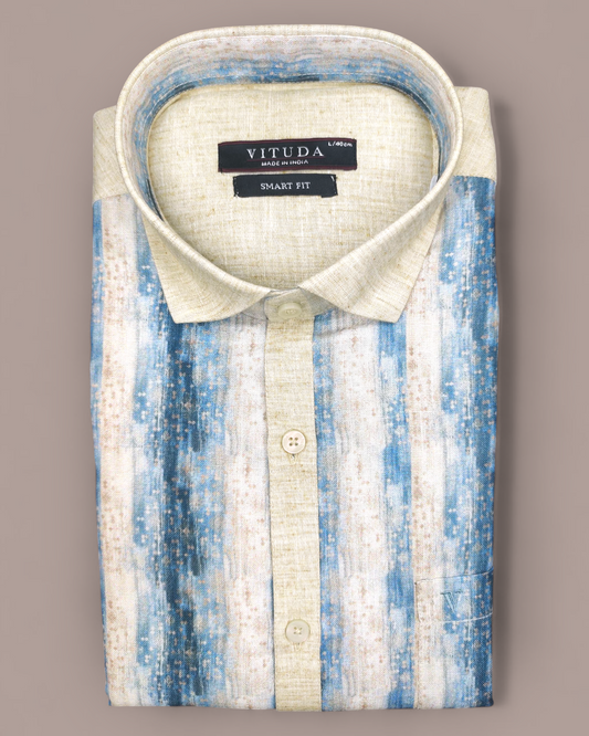 Men’s Striped Printed Half Sleeve Shirt – Beige & Blue Tones