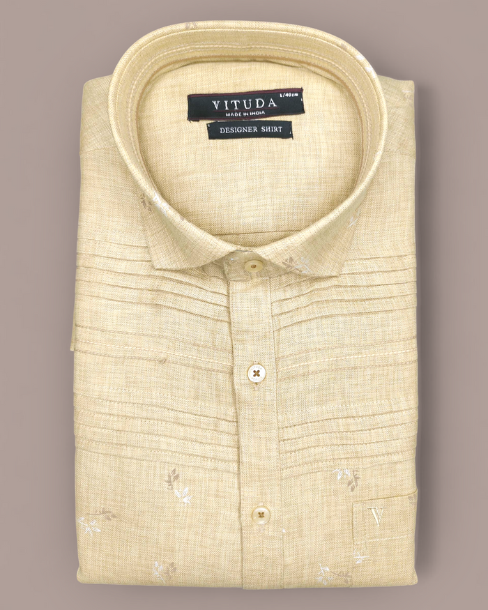 Men’s Half Sleeves Beige Textured Designer Shirt - Subtle Embroidery & Pintuck Detailing