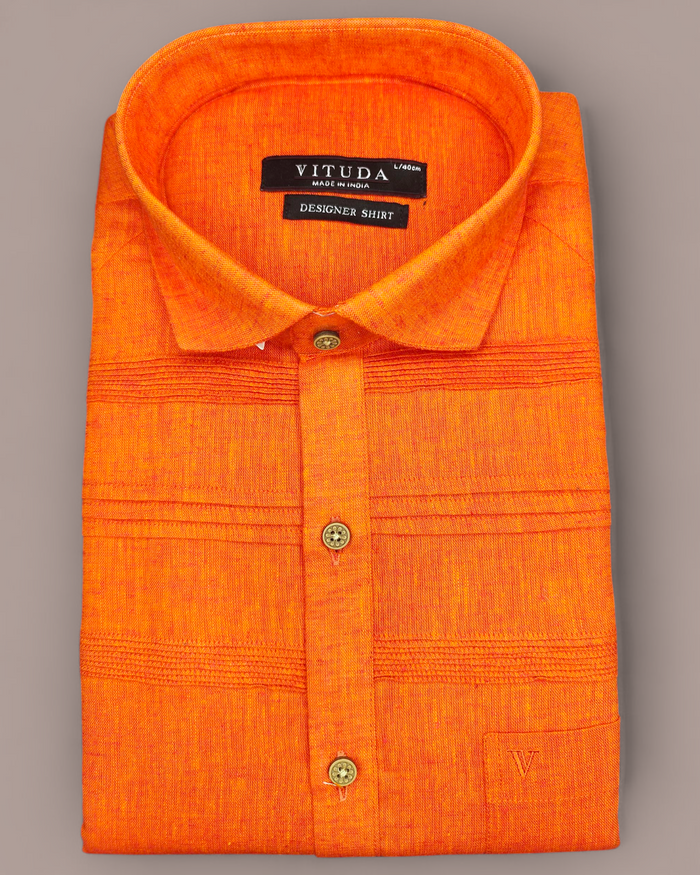 Men’s Half Sleeves Bright Orange Designer Shirt - Textured Premium Fabric with Double-Panel Detailing