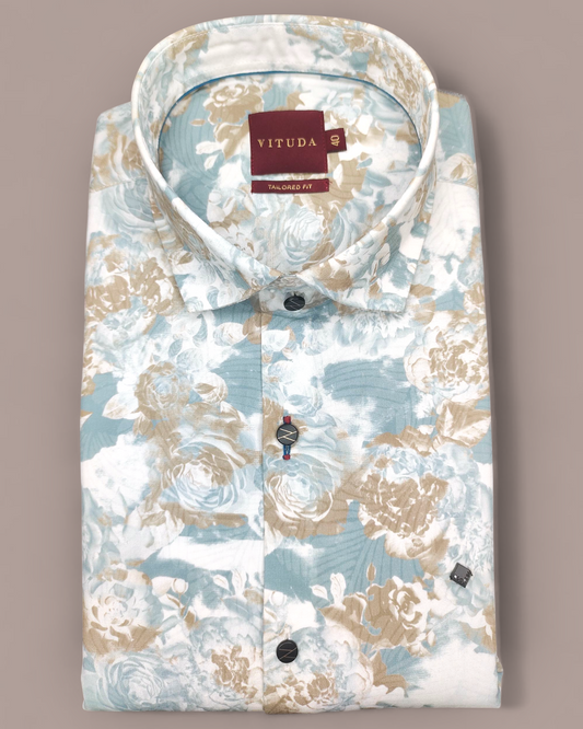 Men’s Floral Printed Half Sleeve Shirt – Sky Blue & Beige