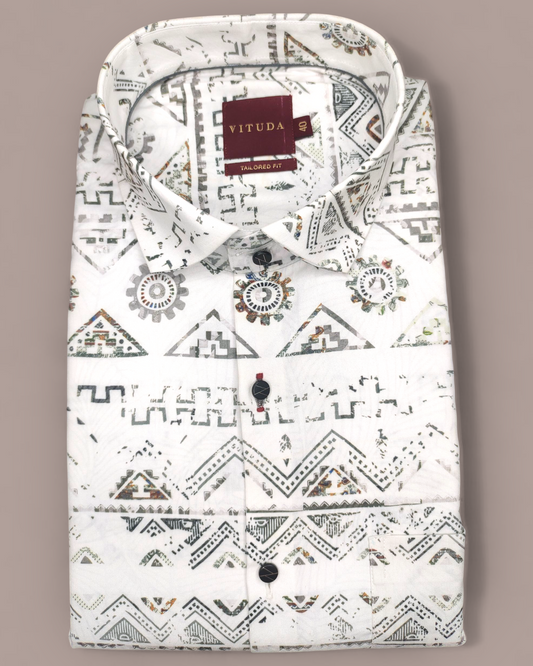 Men’s Tribal Geometric Printed Half Sleeve Shirt – White & Multi-Color Accents