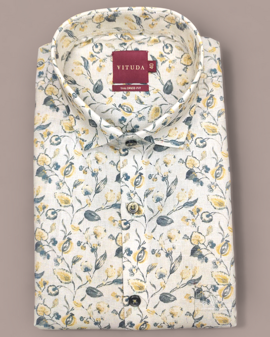 Men’s Half Sleeve Floral Printed Shirt – White with Yellow & Grey Accents