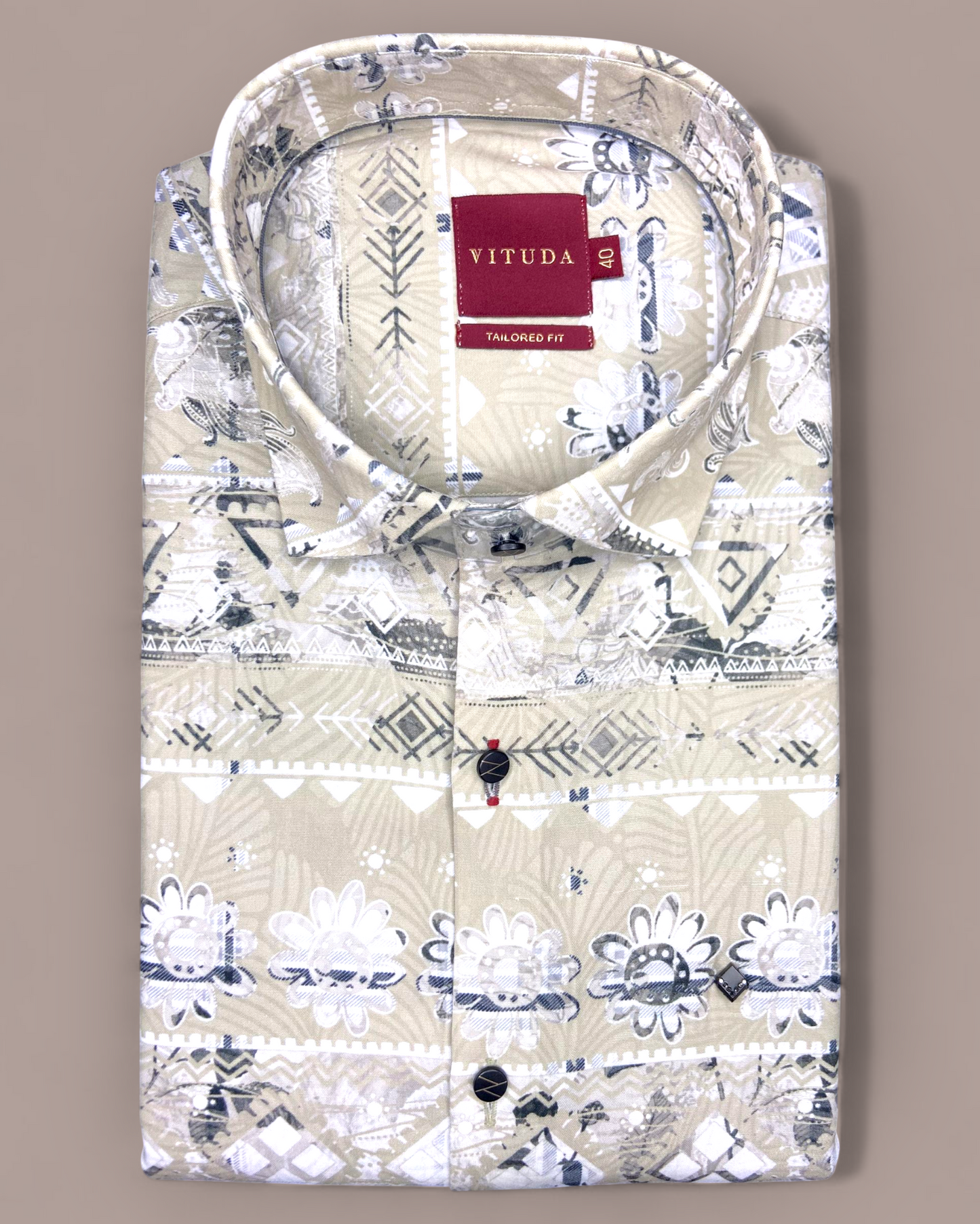 Men’s Tailored Fit Beige Floral Printed Half Sleeve Shirt