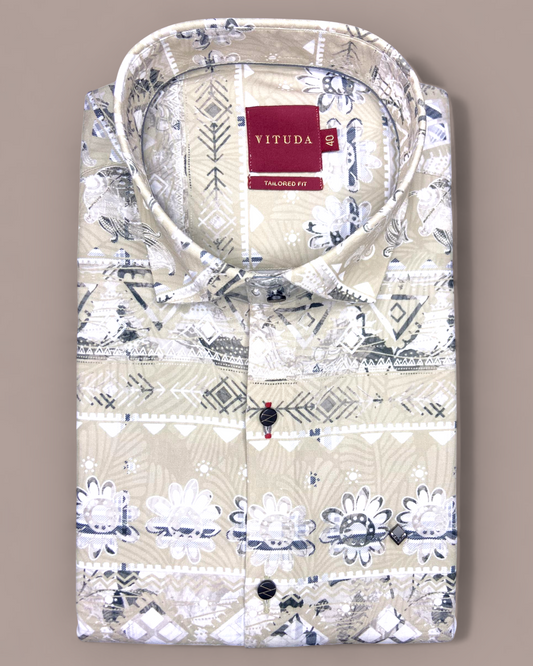 Men’s Tailored Fit Beige Floral Printed Half Sleeve Shirt