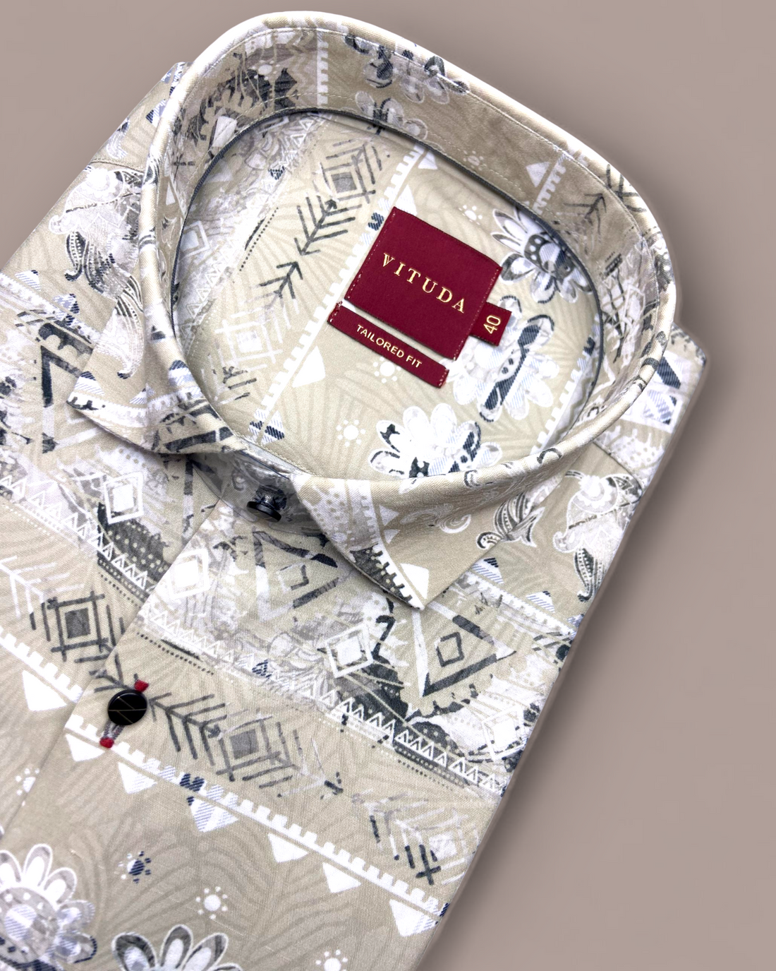 Men’s Tailored Fit Beige Floral Printed Half Sleeve Shirt