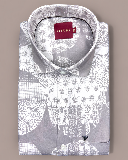 Men’s Grey & White Geometric Printed Half Sleeves Shirt