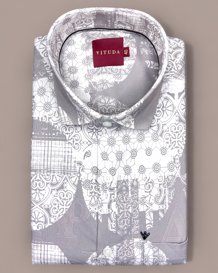Men’s Grey & White Geometric Printed Half Sleeves Shirt