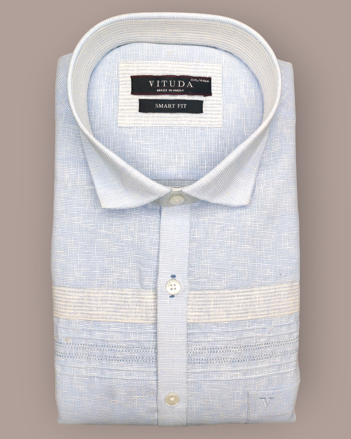 Men’s Half Sleeves Party Wear Light Sky Blue Textured Stripe Smart-Fit Shirt