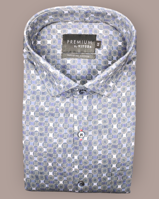 Men’s Blue & Olive Micro-Geometric Print Half Sleeve Shirt – Premium Collection