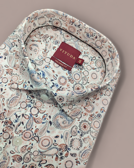 Men’s Cream Paisley & Mandala Print Half Sleeve Shirt