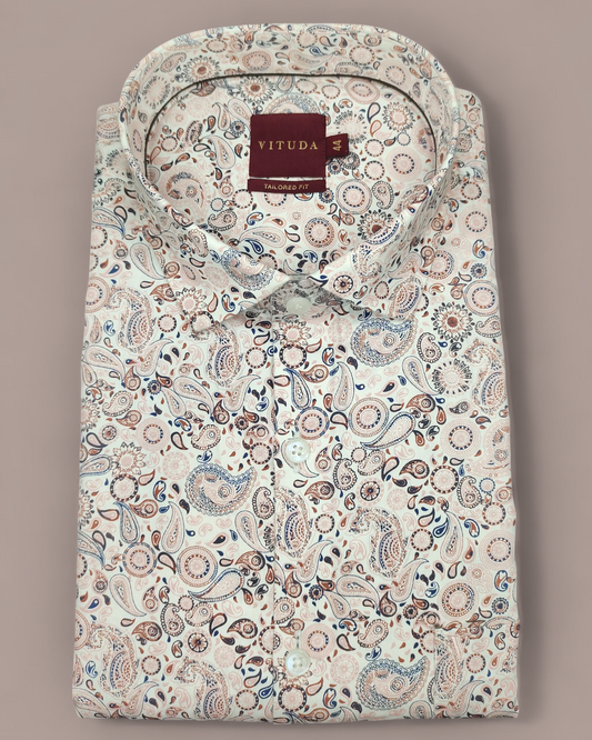 Men’s Cream Paisley & Mandala Print Half Sleeve Shirt
