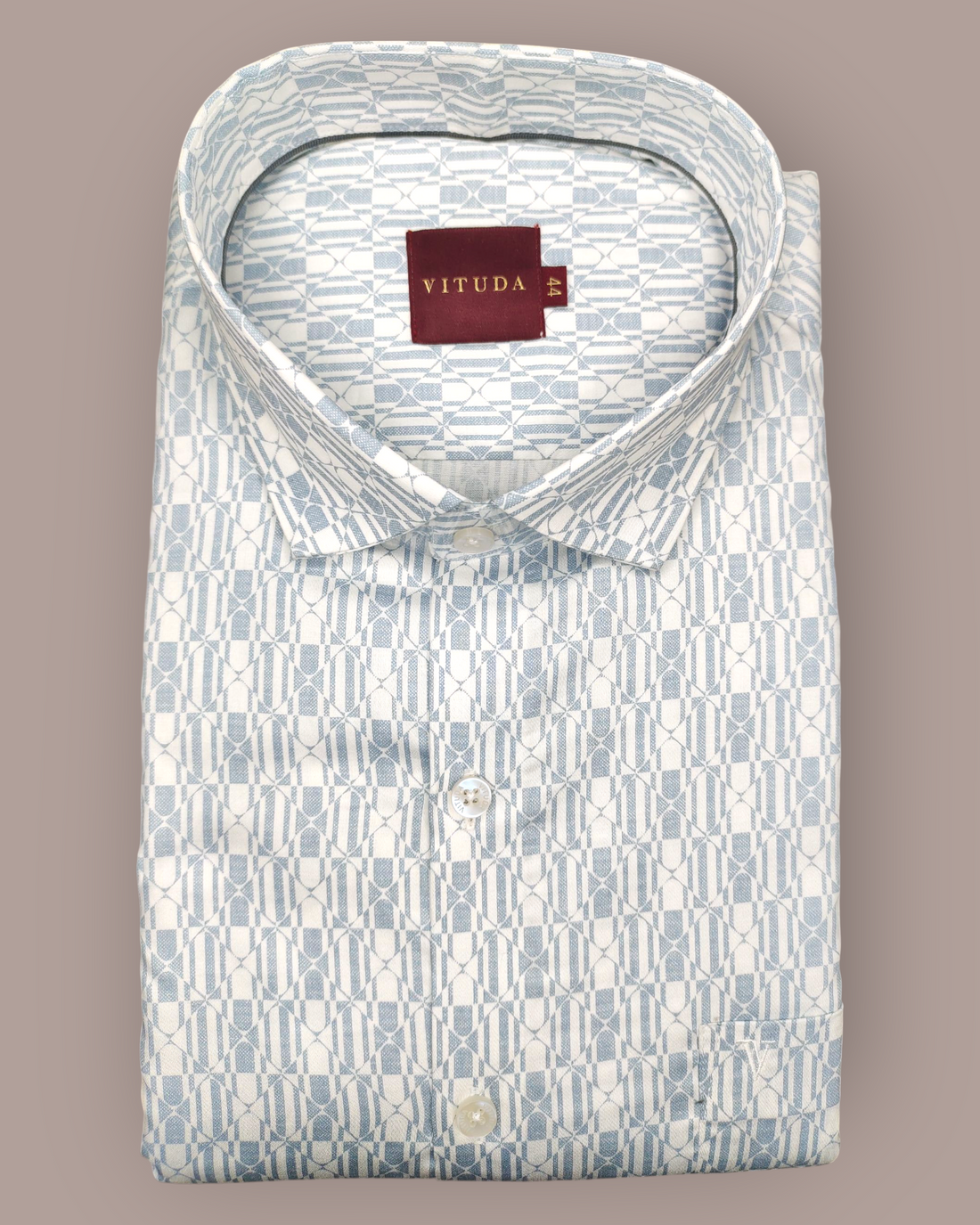 Men's Full Sleeves White Shirt with Geometric Blue Print