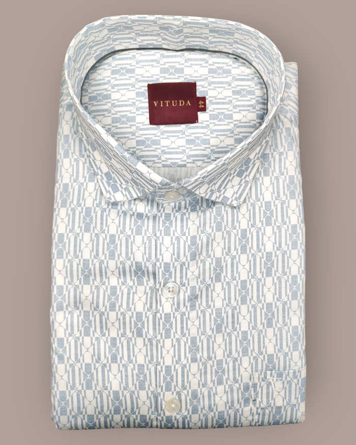 Men's Full Sleeves White Shirt with Geometric Blue Print