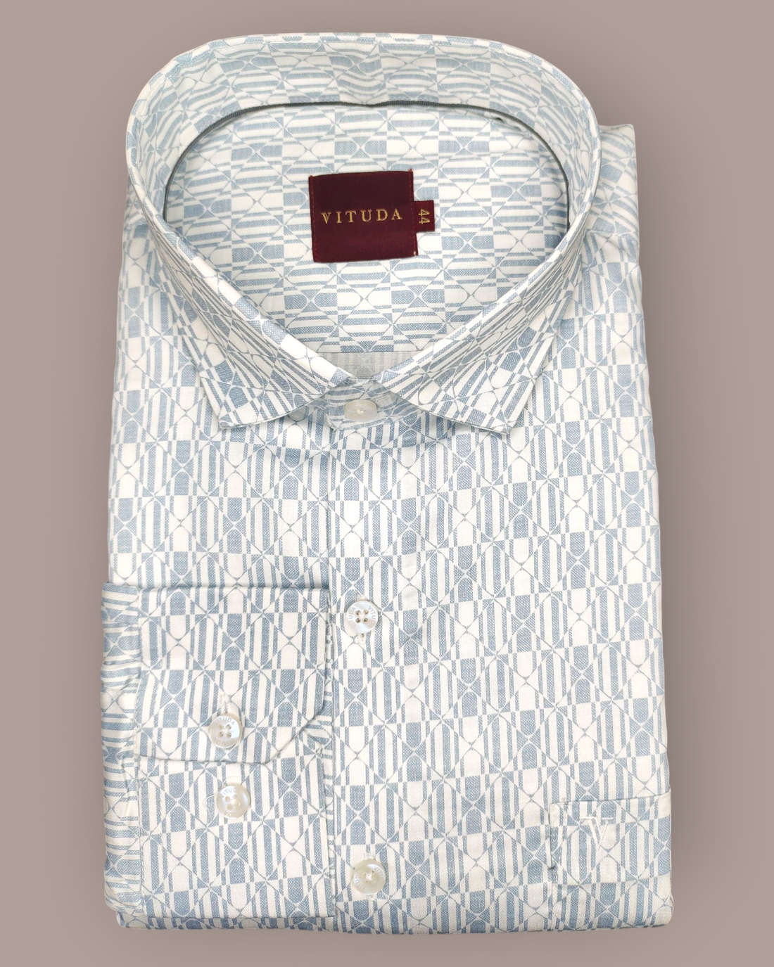 Men's Full Sleeves White Shirt with Geometric Blue Print