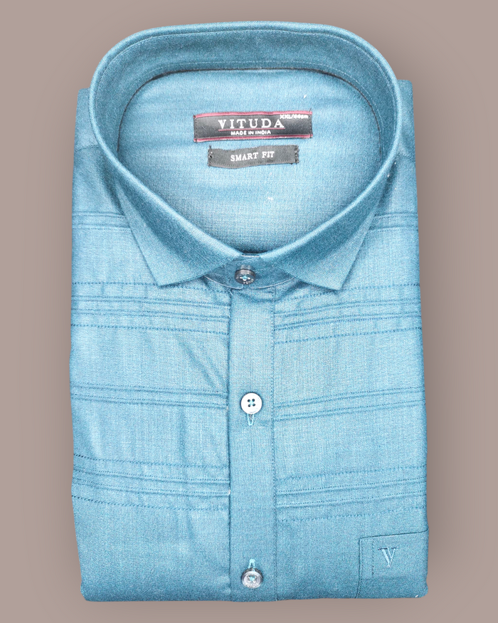 Men's Full Sleeves Teal Shirt with Textured Stripes