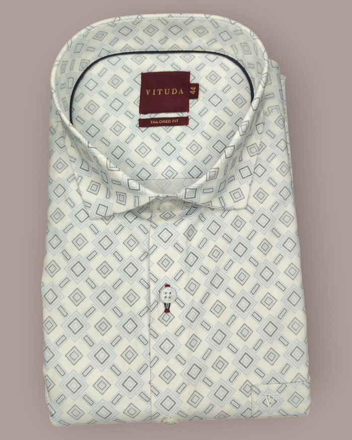 Men's Full Sleeves White Shirt with Geometric Diamond Print
