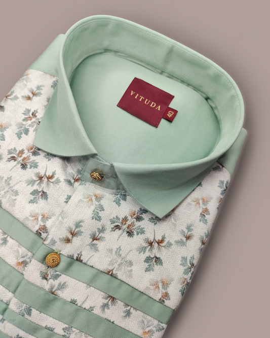 Men's Full Sleeves Mint Green Floral Designer Shirt with Golden Buttons – Premium Smart Fit