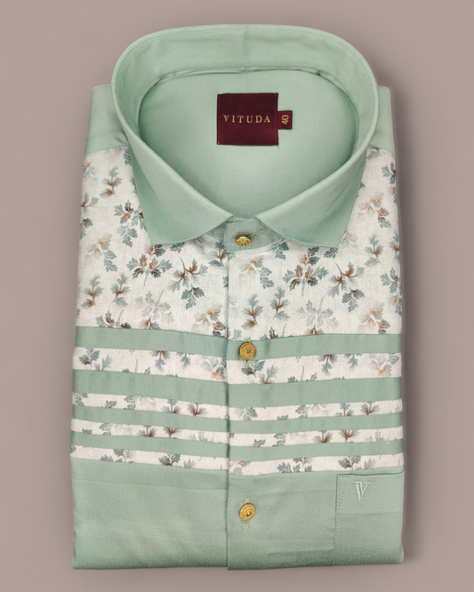Men's Full Sleeves Mint Green Floral Designer Shirt with Golden Buttons – Premium Smart Fit